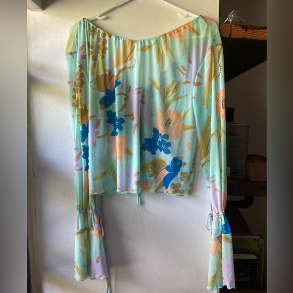 Free People Piece of Paradise Blouse Bell Sleeve Floral Mesh Sheer Multi S NEW - Picture 6 of 7